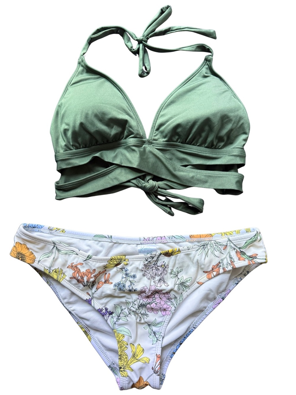 Kona Sol Olive Green Halter Wrap Bikini Top with White Floral Bikini Bottom Med